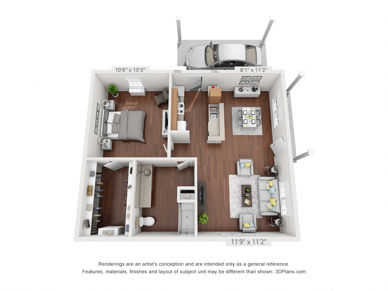 Floor plan for 1 bed, 1 bath, 715 sqft